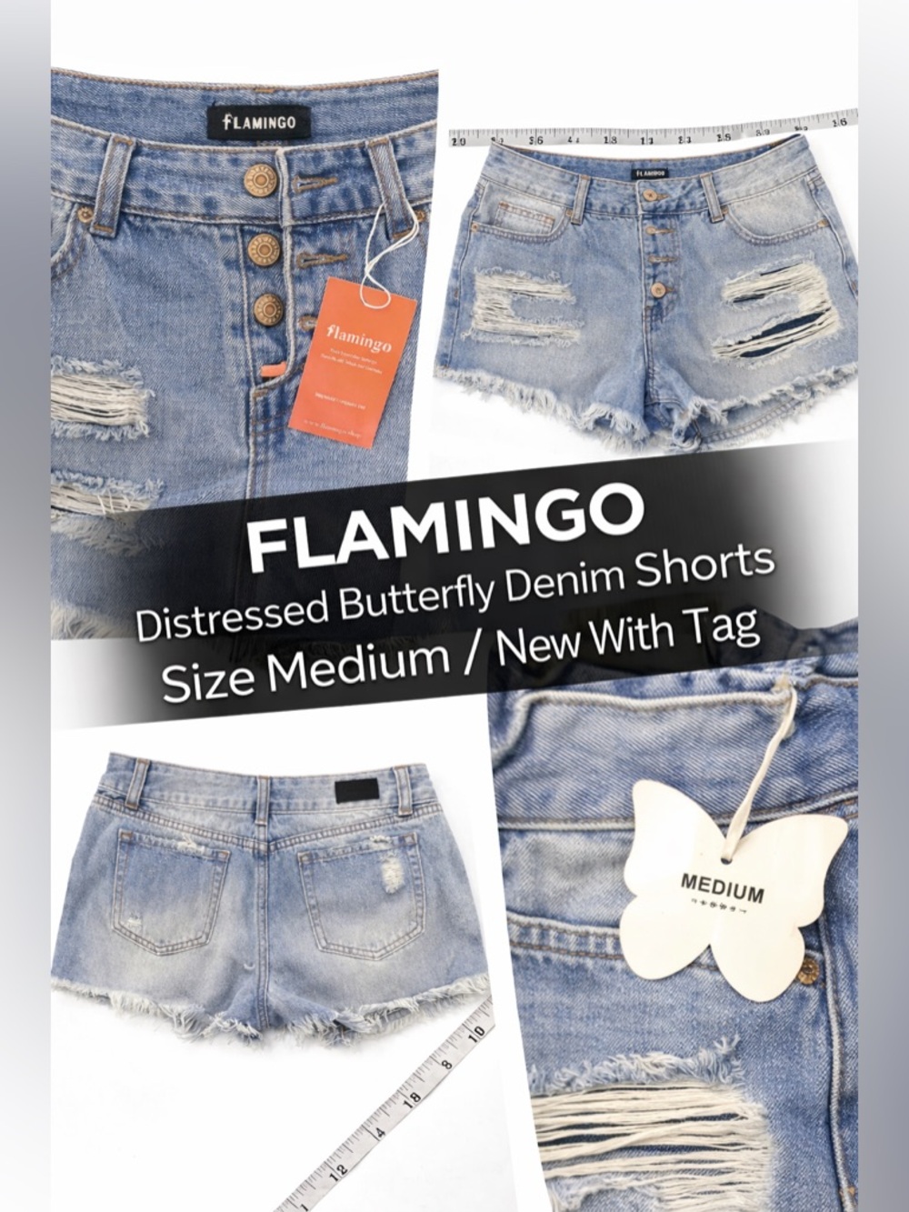 Flamingo Distressed‎ Butterfly Denim Shorts Women’s Medium NWT Frayed Cutoff